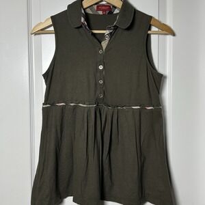 Burberry London Green Sleeveless Cotton Flowy Polo Top Preppy Old Money Style